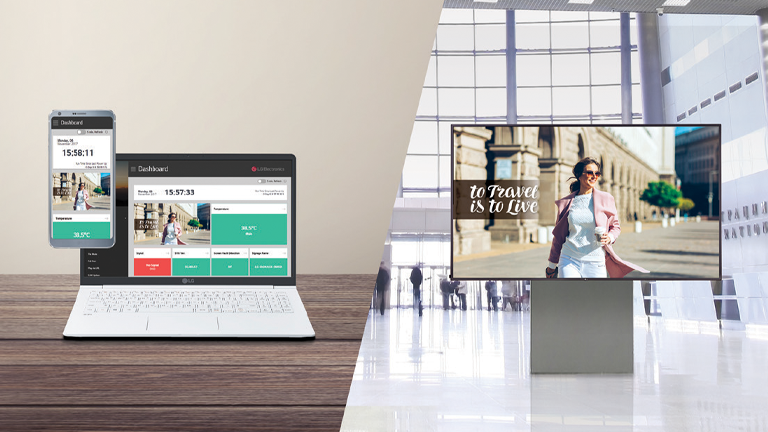 LG laptop and LG phone on the left and LG TV on the right