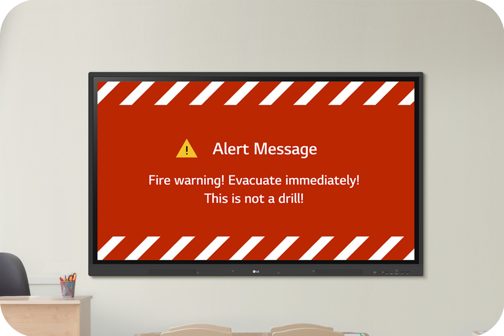 In case of urgent occasions, such as fire drills or school lockdowns, the main system can interrupt the original content with an alert message. Such messages can be distributed across the system.