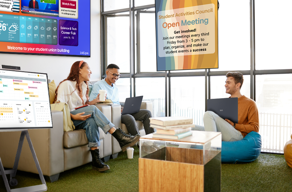 Indoor signage and interactive displays offer flexibility and engagement to student union rooms
