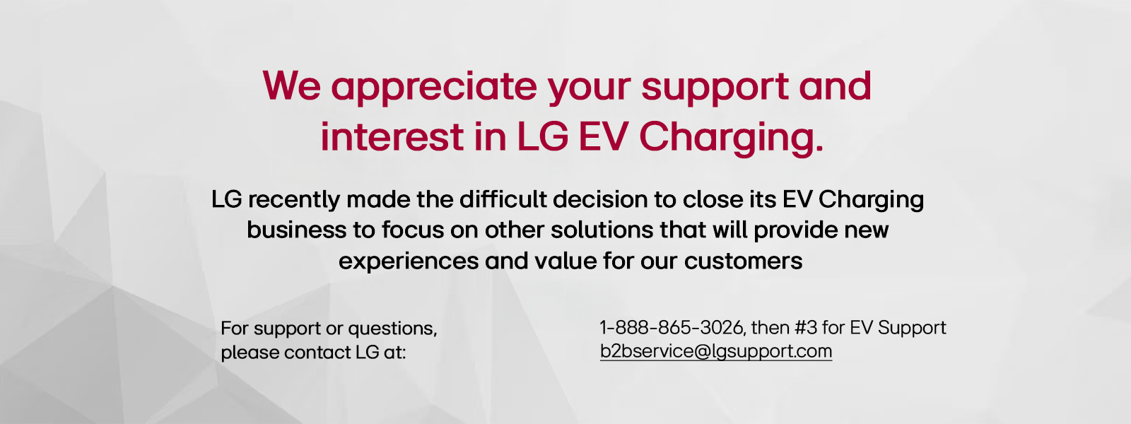 We appreciate your support and interest in LG EV Charging.