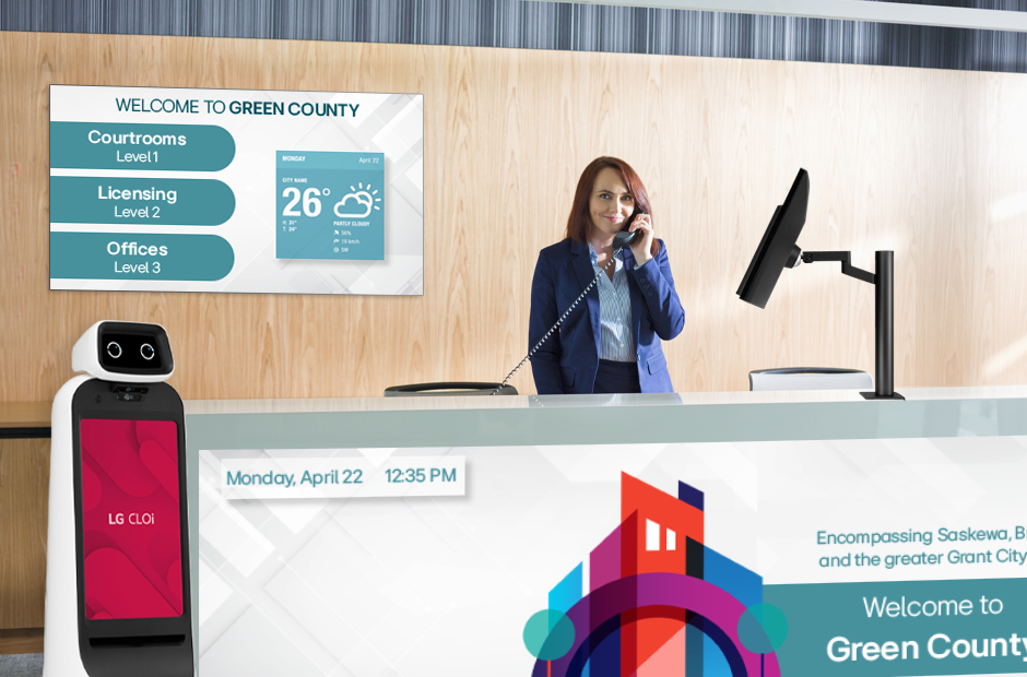 Greet, guide, and inform visitors with CLOi GuideBot and bold lobby signage