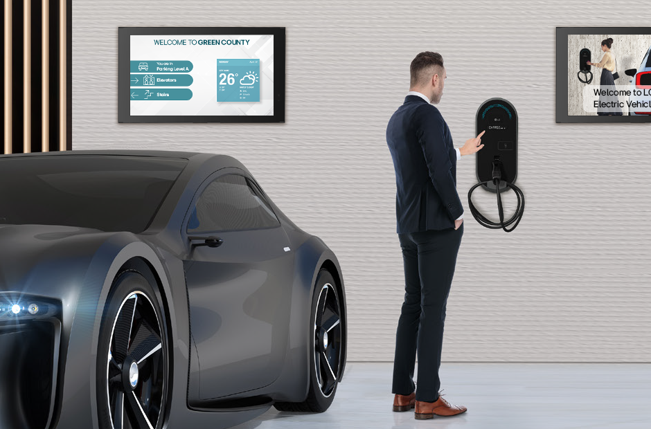 Outfit parking garages with LG EV chargers, and outdoor signage for wayfinding and information