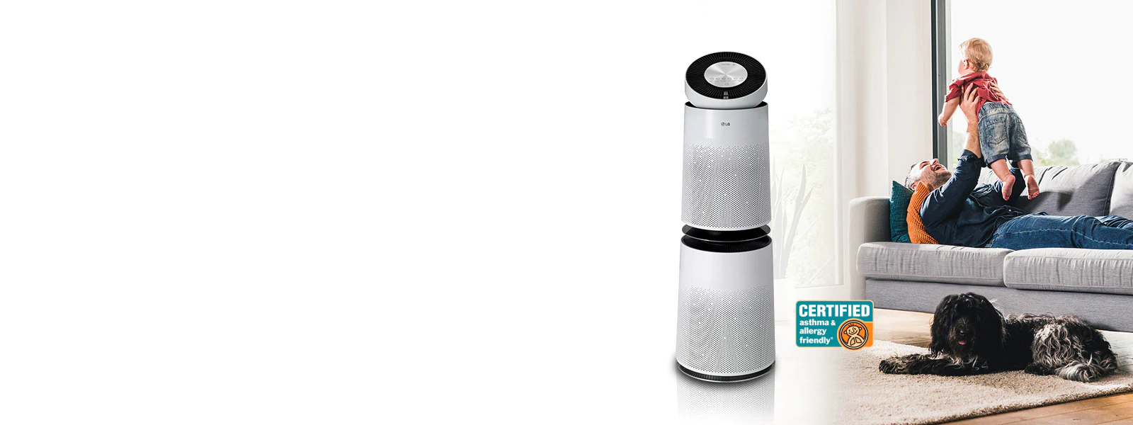 Image of family and dog in living room with AAFA Certified LG Air Purifiers running in background