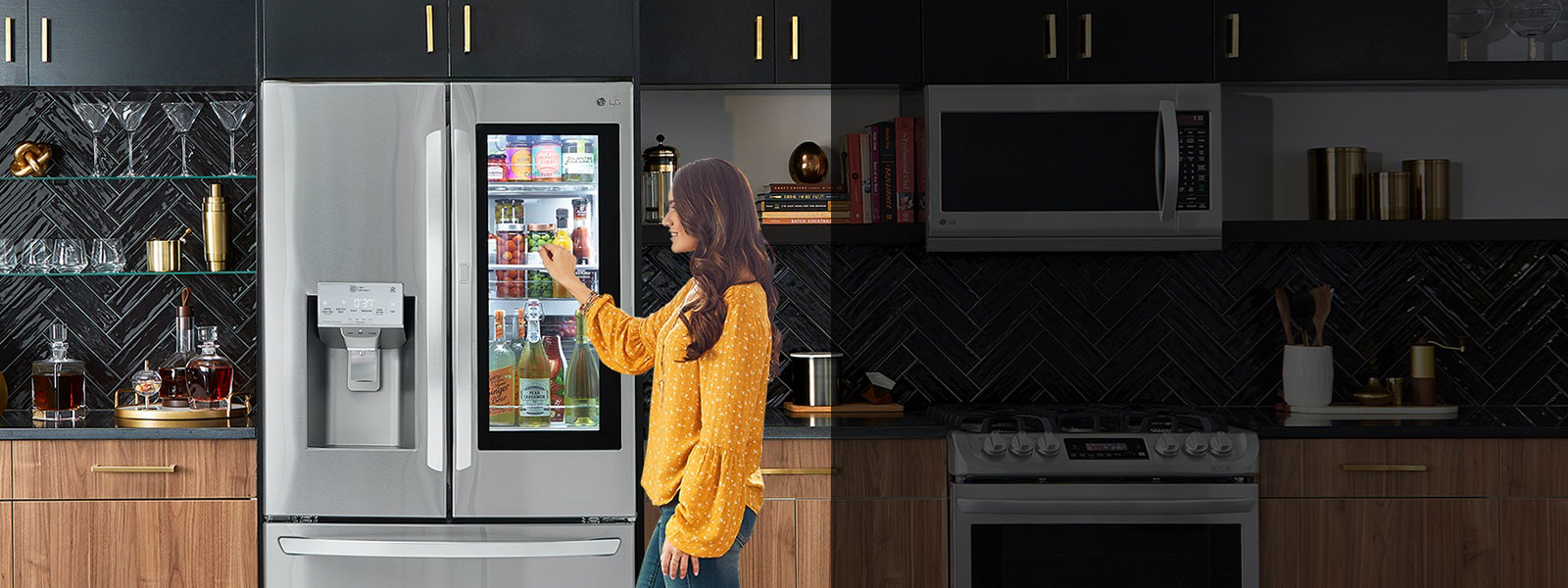 A woman knocking on the window of the LG InstaView Refrigerator