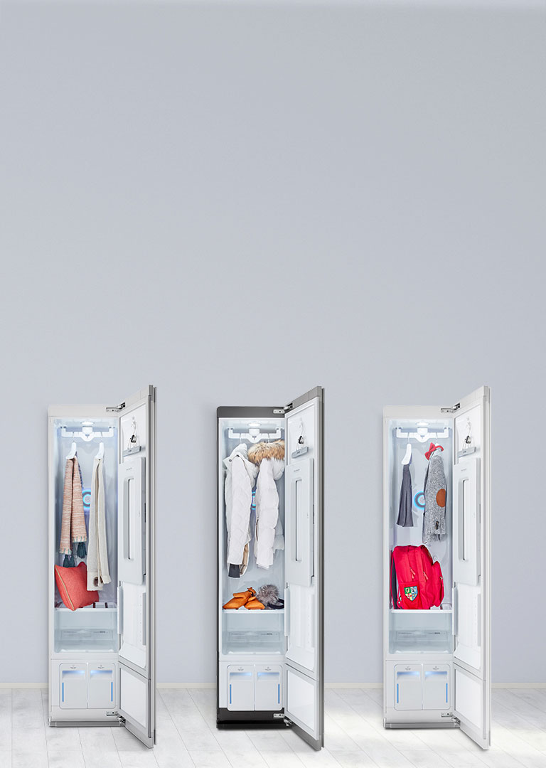 3 open LG Stylers on gray background