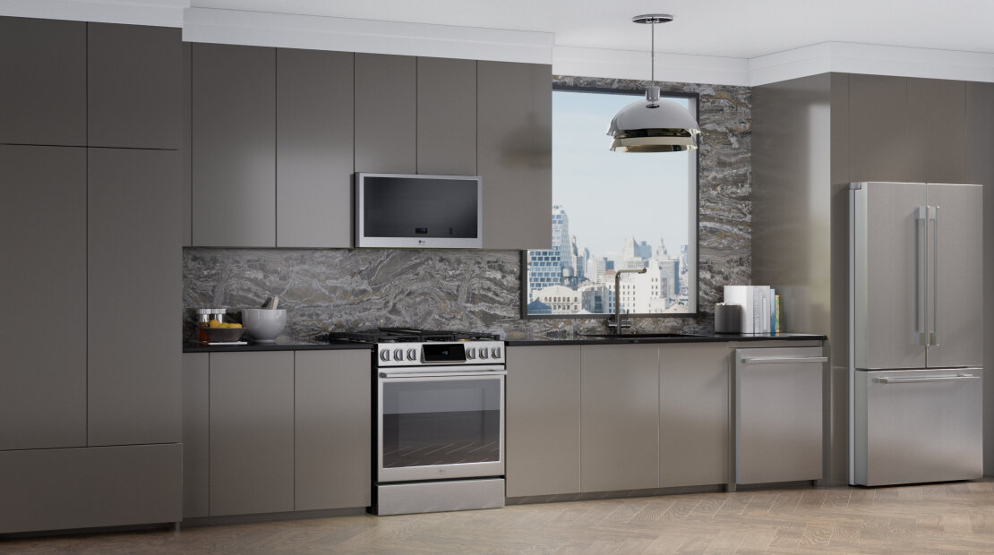 The 'Vibe Setter' interface allows users to customize their kitchen design by selecting 'Finish' and 'Vibe' for LG Studio appliances.