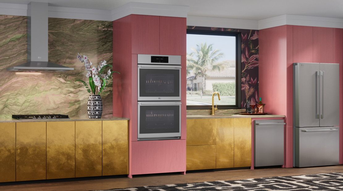 The 'Vibe Setter' interface allows users to customize their kitchen design by selecting 'Finish' and 'Vibe' for LG Studio appliances.